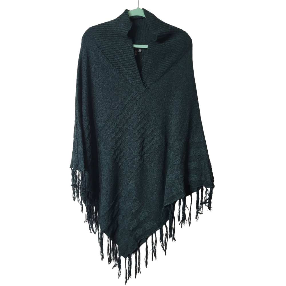 Bella Berry Dark Green Knit Poncho with Fringe One Size Plus